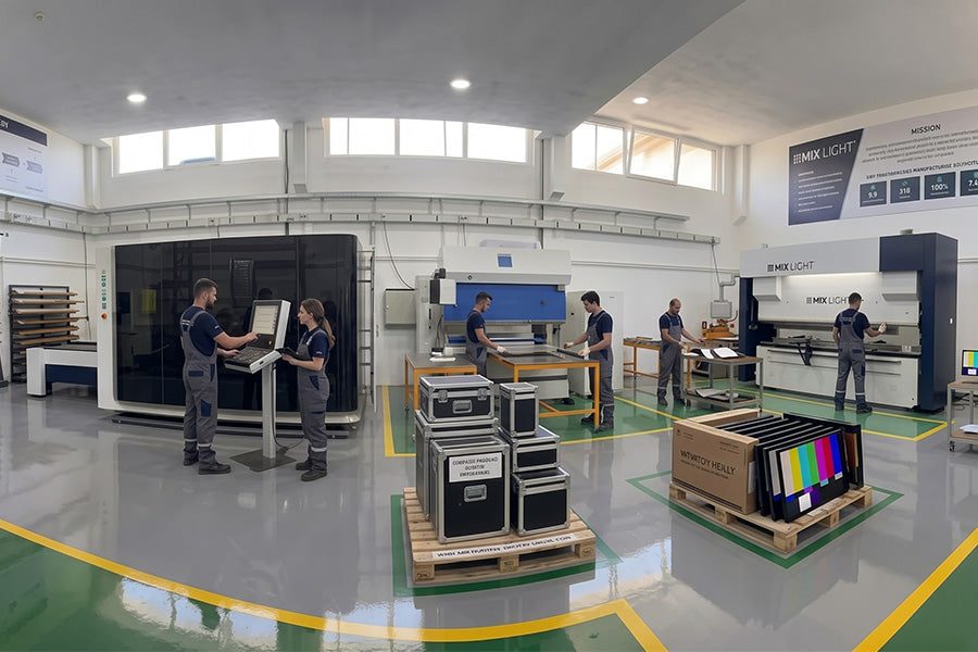 Hală de producție cu ecrane LED în teste
