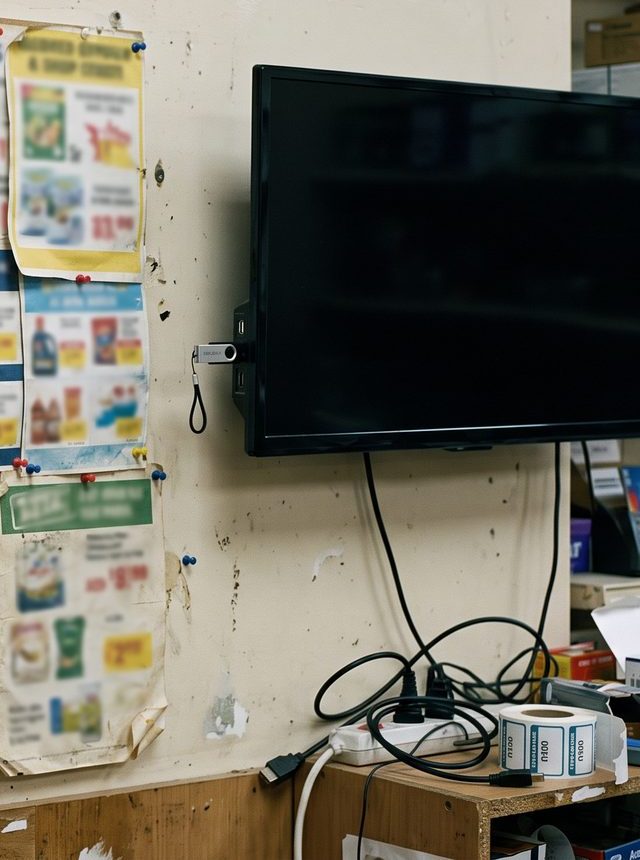 Televizor stins pe peretele unui magazin, cu un stick USB înfipt în el, lângă afișe tipărite învechite